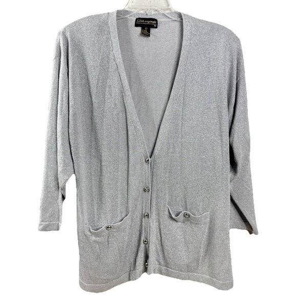 VTG Lisa Originals XL Silver Sparkly Button Up Cardigan Rayon Blend Metallic EUC - Picture 1 of 8